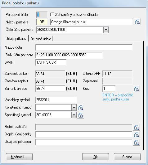 Názov partnera, Číslo účtu partnera a Názov účtu sa preberá z číselníka partnerov zo záložky Banka. Suma k úhrade sa preberá zo zaevidovanej faktúry. Program vždy doplní celú sumu k úhrade.
