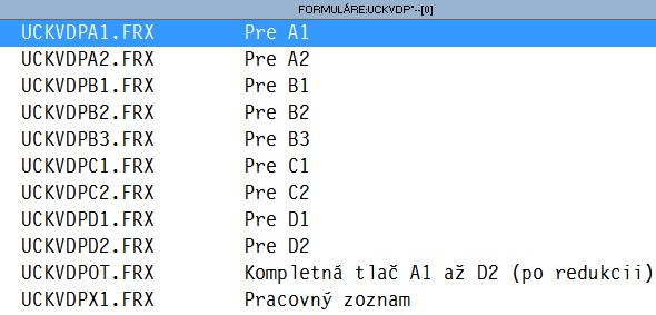 Zostavy A1 aţ D2 sú určené na tlač označených záznamov pre príslušnú zostavu (pred tlačou si musíte správne označiť).