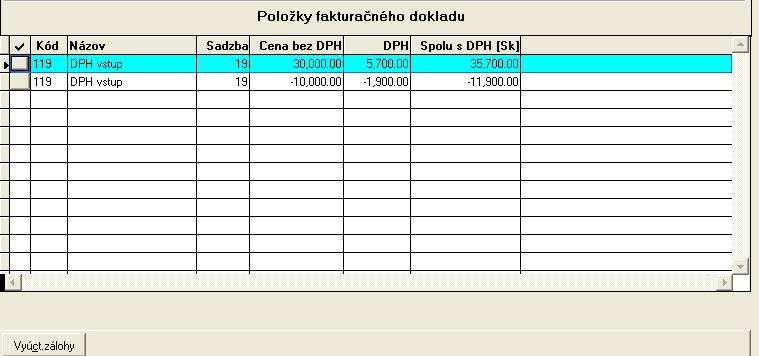 - položky vyúčtovaných záloh zapisujete so znamienkom mínus - v prípade úhrady DF s