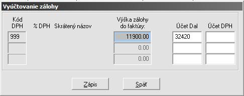 faktúry - pri vyúčtovaní položky zo zálohových faktúr program predplní pole Účet Dal a Účet DPH hodnotami zadanými pri vytváraní ZF alebo ZDF (odporúčame