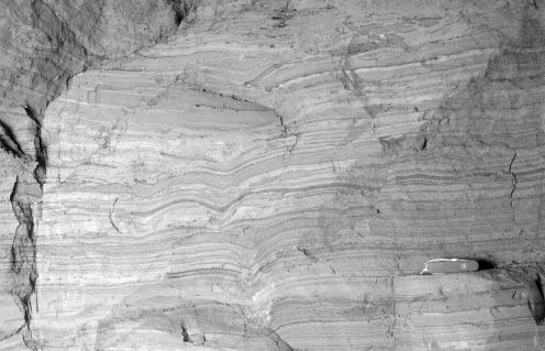 Fig. 15. Zazděná Cave infiltration sediments (Units A). Horizontal stratification in sandy to clayey silt, deformations in the centre represent dripholes (Photo by E. Janoušek). Obr. 15. Zazděná jeskyně infiltrační sedimenty (jednotka A).