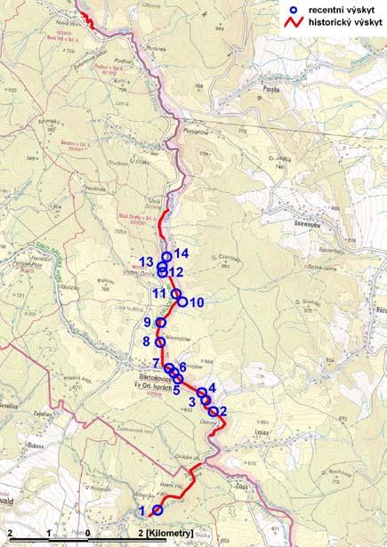 Smoczyk M. & Čejková A.: Rozšíření Carex buekii Wimm. na horním toku Divoké Orlice 9 Obr. 1. Rozšíření Carex buekii Wimm. na horním toku Divoké Orlice. Modře vyznačen recentní výskyt druhu, čísla odpovídají seznamu lokalit.