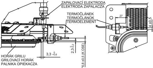 SEŘÍZENÍ ČIDLA TERMOELEKTRICKÉ POJISTKY A ZAPALOVACÍ ELEKTRODY Při vadné funkci pojistky nebo zapalovací elektrody je třeba seřídit vzdálenosti čidla pojistky a elektrody vzhledem ke gril. hořáku.