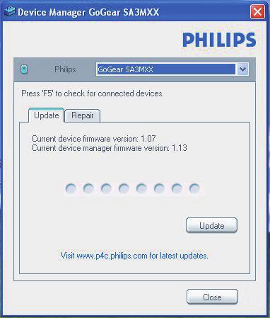 9 Aktualizace firmwaru pomocí aplikace Philips Device Manager 2 Spusťte aplikaci Philips Device Manager. Zobrazí se dialog. 3 Přehrávač MIX připojte k počítači.