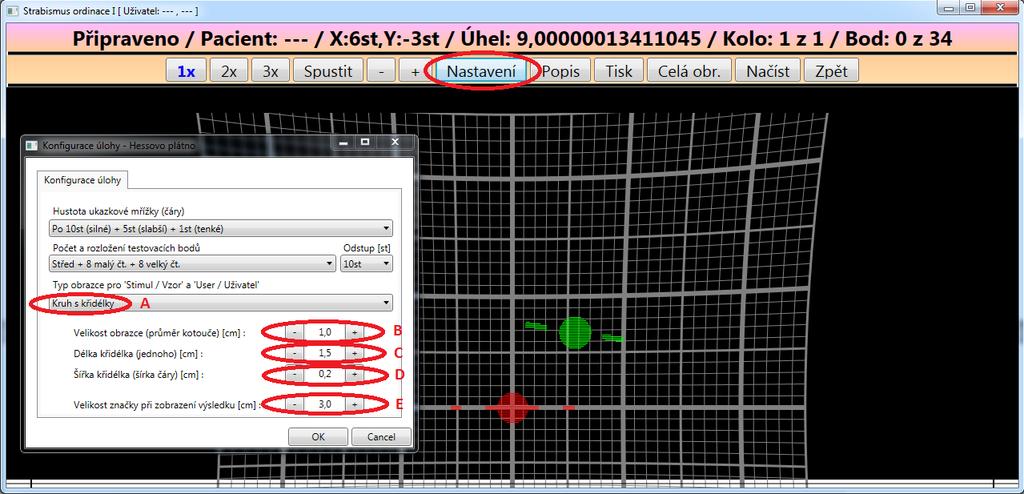 zobrazena pouze (na obrázku v případě zelené barvy) pomocí obrazových bodů na suchých řádcích a tím tedy vždy ob-řádek.