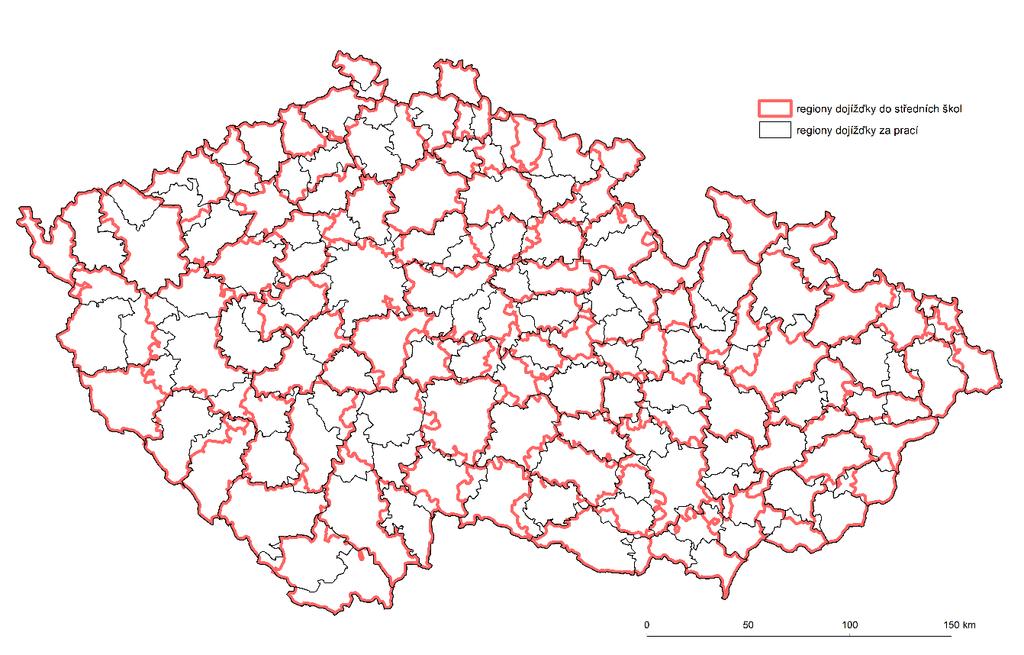 Obr. 3: Srovnání funkčních regionů dle dojížďky do zaměstnání a dojížďky do středních škol Zdroj: vlastní zpracování dat Závěr Výsledné pracovní a školní regiony relevantně vystihují prostorové
