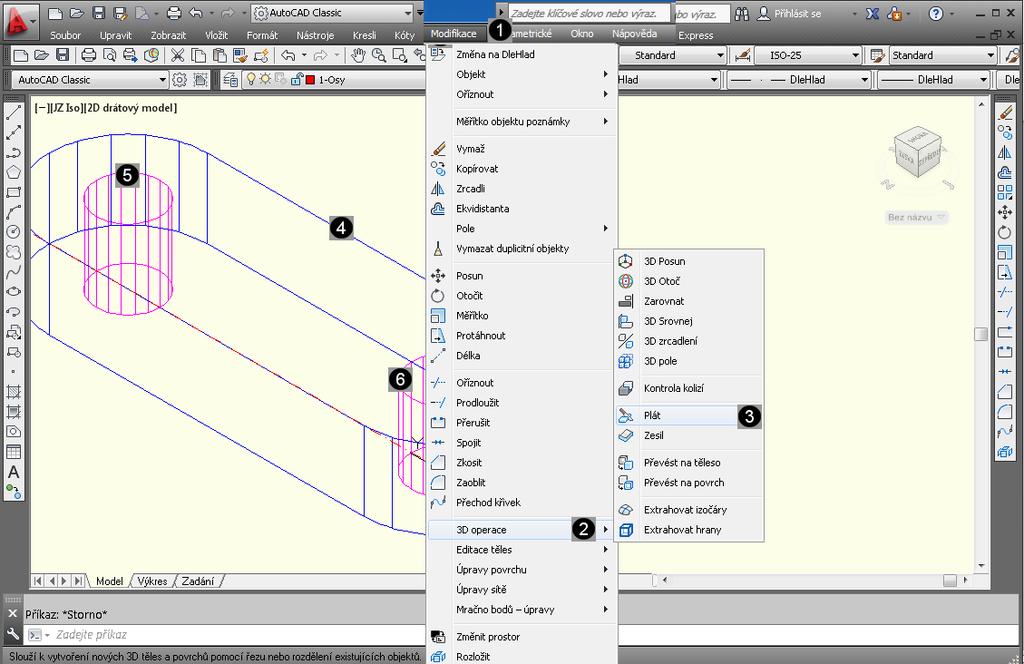 Položka Hlavního menu MODIFIKACE. V této nabídce jsou obsaženy všechny příkazy pro vytváření 3D těles. Volba 3D OPERACE. Pomocí této volby můžete vytvářet 3D tělesa. Podvolba PLÁT.