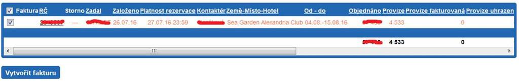 3) Vyhledání RČ (rezervačních čísel k fakturaci) Tlačítko vyhledat. Následně se zobrazí tabulka se seznamem faktur viz. Obr. 3. níže.