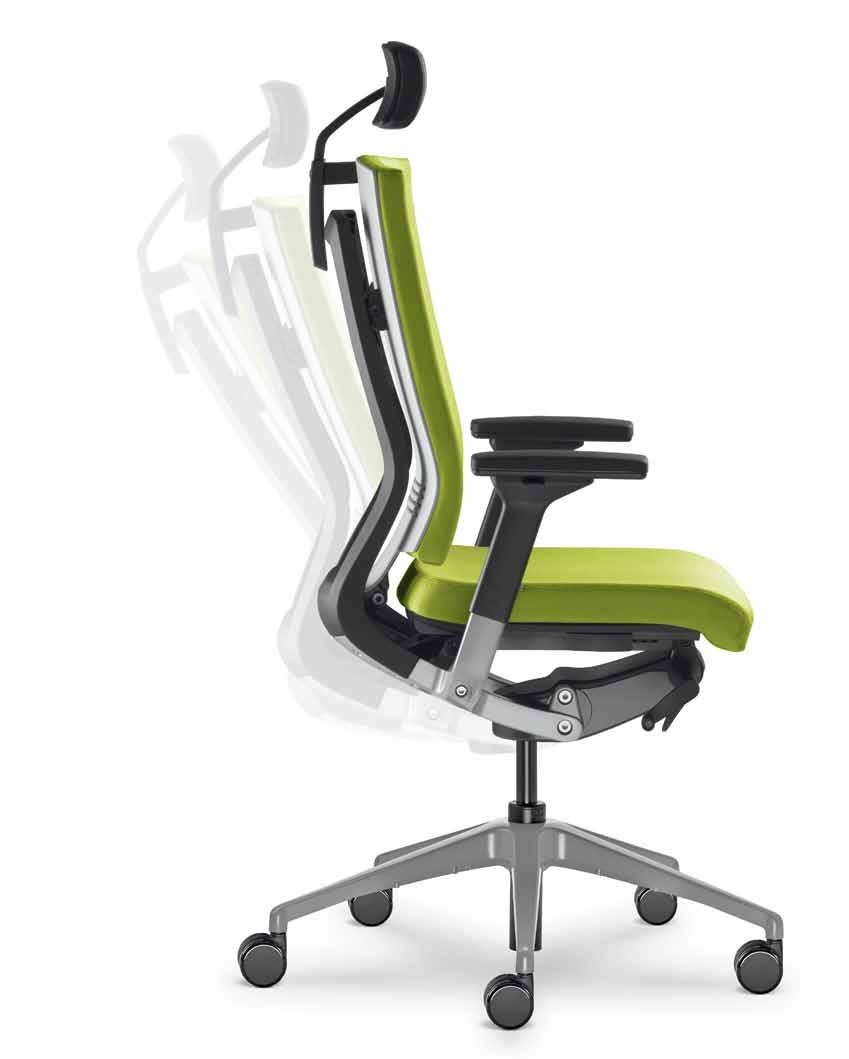 Linked to the backrest, the height and tilt adjustable headrest is another ergonomic element in the chair. The seat of the chair, which is connected to the mechanism, is always depth adjustable.