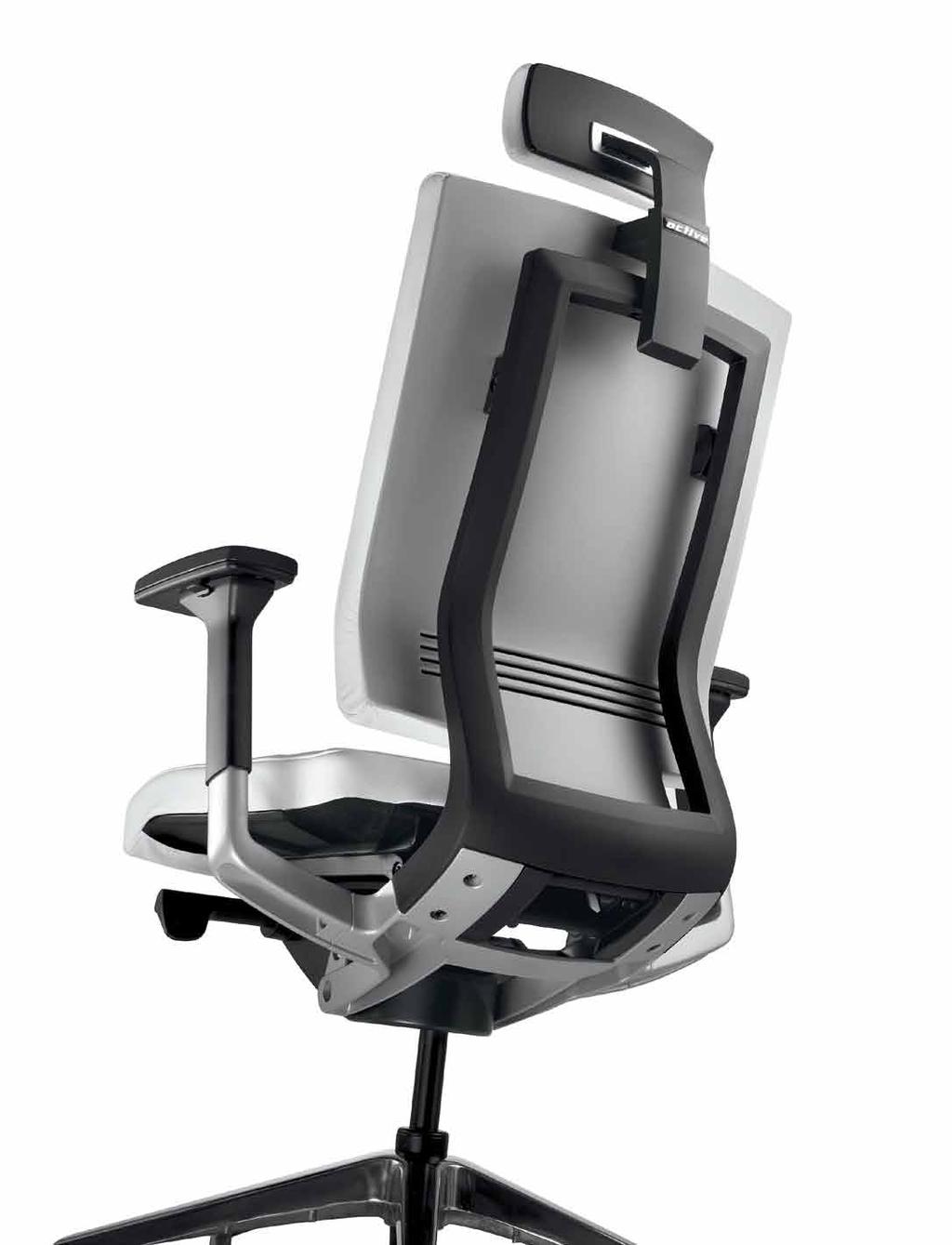 Angebunden an die Rückenlehne ist die in Höhe und Neigung einstellbare Kopfstütze eine optimale ergonomische Ergänzung für den Stuhl Active. Die Sitztiefe ist standardmäßig einstellbar (Schiebesitz).