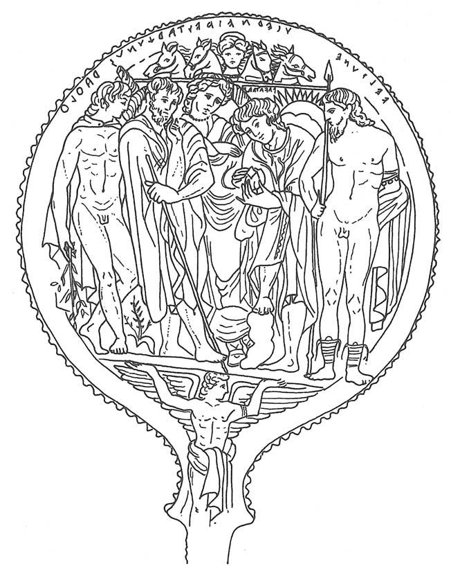 1 2 1. Etruské zrcadlo s haruspiky (Tagés učí Tarchóna věštění), 3.