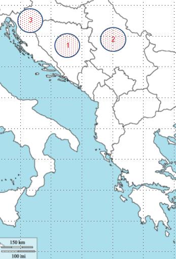 Mapa č. 9 1. Bôzen Bosna 2. Sirvîe Srbsko 3.