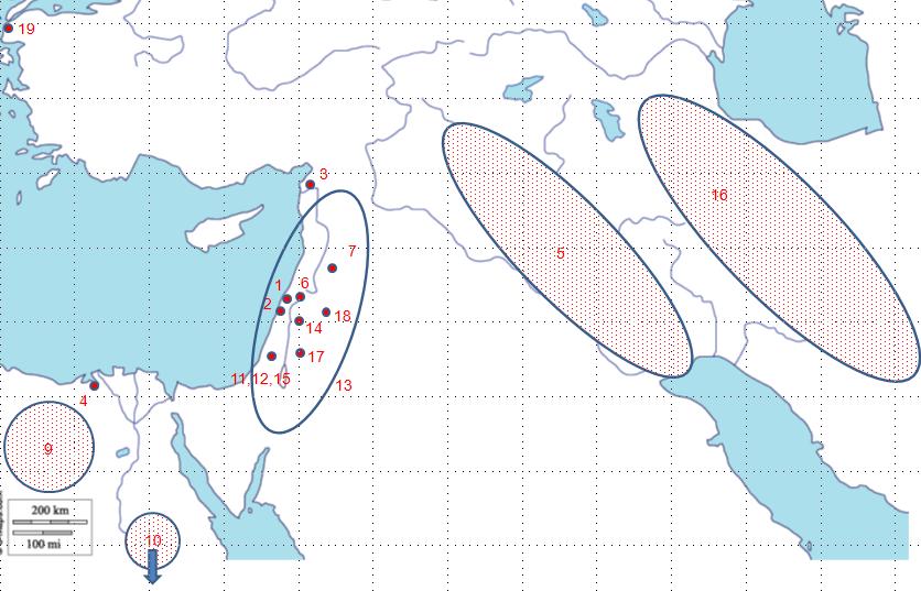 Mapa č. 10 1. Akarîn blíže nelokalizovatelné 2. Akers Akkon 3. Antioch Antiochie 4. Alexandriâ Alexandrie 5. Assyria Asýrie 6. Bethelem Betlém 7. Damasc Damašek 9. Egypten Egypt 10.