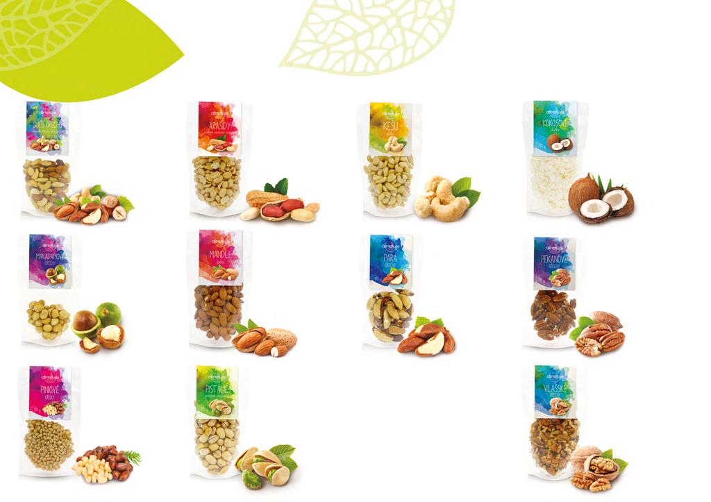 ořechy - semínka - sušené plody SMĚS OŘECHŮ - MANDLE, LÍSKÁČE, KEŠU, PARA OŘECHY 8594182003390 250 g 8594182008128 500 g 8594182008135 1 000 g 8594182008142 ARAŠÍDY PRAŽENÉ NESOLENÉ LOUPANÉ