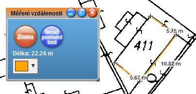 umístěné v dolním panelu tlačítek a následným Měření vzdálenosti se provádí postupným klikáním do mapy.
