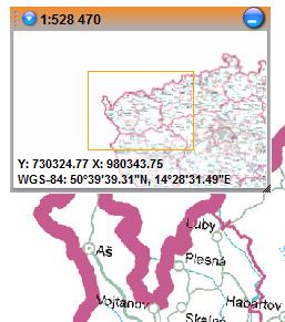 Přehledka Přehledka má menší měřítko než vlastní mapový výřez a slouží pro znázornění výřezu a jeho okolí na mapě České republiky.