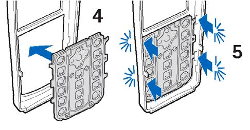 4. Umístìte desku s tlaèítky do nového pøedního krytu (4). 5. Opatrnì zatlaète desku s tlaèítky (5). Zaèínáme 6. Namontujte pøední kryt opatrným natlaèením na telefon. Zaènìte nahoøe (6). 7.