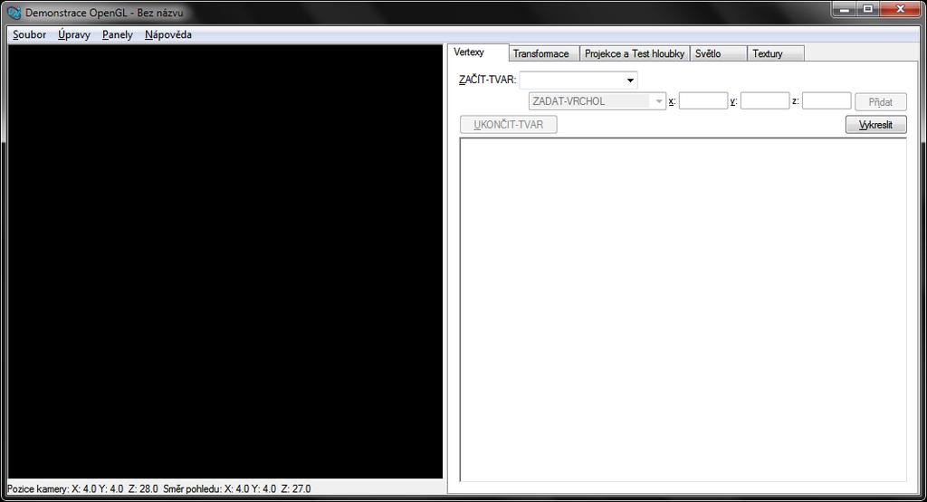 Obrázek 1. Okno programu DemonstraceOpenGL Okno programu je rozděleno na dvě části. V levé části je umístěno vykreslovací okno opengl a v pravé části je pět záložek s nastavením.