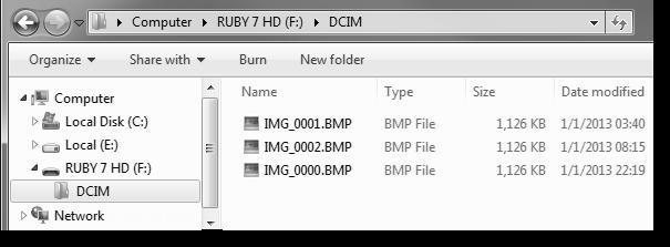 3. Pro přenos obrázků proveďte následující: Z lupy RUBY 7 HD do počítače V počítači otevřete RUBY 7 HD složku DCIM a přetažením přesuňte nebo zkopírujte více obrázků