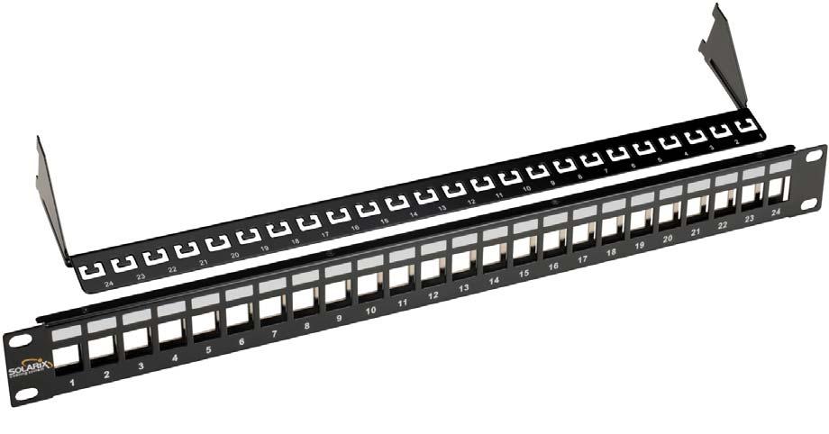 Kategorie 5E 38 Modulární patch panel Solarix Modulární patch panel SX24M-0-STP-BK-UNI je univerzální neosazený 24 portový patch panel, který je určen pro keystony Solarix se zadním zářezem, a to jak