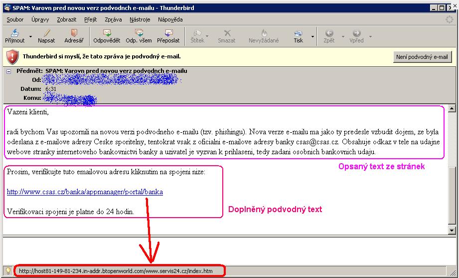 Obr. 6 Příklad phishingového emailu, který byl zasílán českým uživatelům od listopadu 2008.