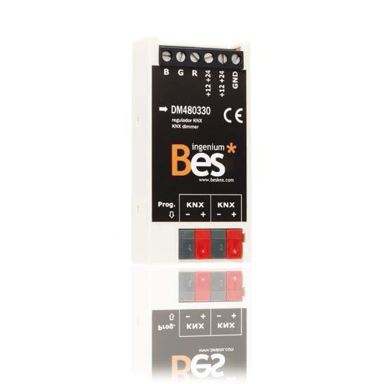 BES-RGBL-K BES-DM480330 BES-DM490220 BES-RKLED2S400 KNX Stmívač pro LED RGB (12V až 24V). Možnost ovládat 3 jednobarevné kanály samostatně nebo současně RGB.