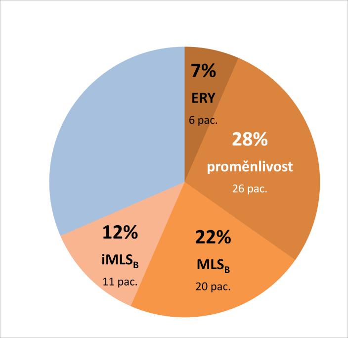 CITLIVOST K MLS B ANTIBIOTIKŮM Dýchací cesty třetiny pacientů (31 %; 29 z 92 pacientů) byly kolonizovány kmenem S. aureus citlivým k MLS B antibiotikům, a to po celé sledované období (obr. 28). Obr.