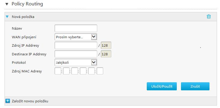 Brána Gateway síťového segmentu, k němuž patří síťové rozhraní. iii. Klepnutím na Uložit/Použít nastavení uložte. 3. Nakonfigurujte pravidla routování (Policy Routing). i. Klepnutím na Policy Routing otevřete stránku Policy Routing, viz Obrázek 70.