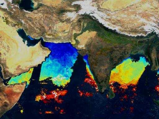 Aplikace v planetárním měřítku Monitorování chlorofylové fluorescence planktonu v Arabském moři (modrá - vysoká intenzita