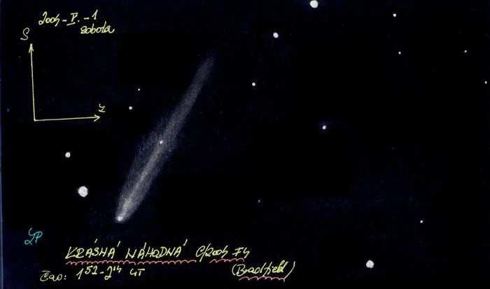 Č Kometa C/2004 F4 Bradfield tak, jak jsem ji vidě l př es SOMET binar 25x100 v Hradci Králové bě hem kvě tnového ranního pozorování v pozorovacím domeč ku.