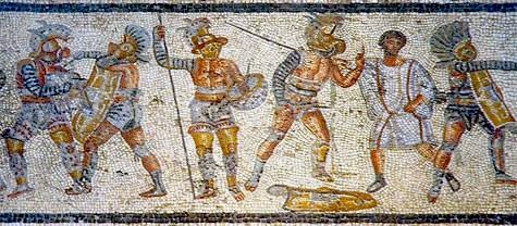 a nechal při jedněch z her z rozmaru zredukovat zbroj jejich protivníků murmillů. (Suetonius 1974, s. 233, Wisdom 2008, s. 24, Meijer 2006, s. 81) obr.