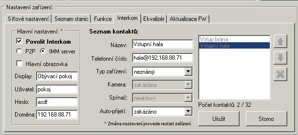 Nastavení volání P2P LARA - dveřní videotelefon: Hlavní nastavení: Povolit Interkom. Nastavení typu volání na P2P. Hlavní obrazovka: Nastavení obrazovky Intercom na úvodní obrazovku.