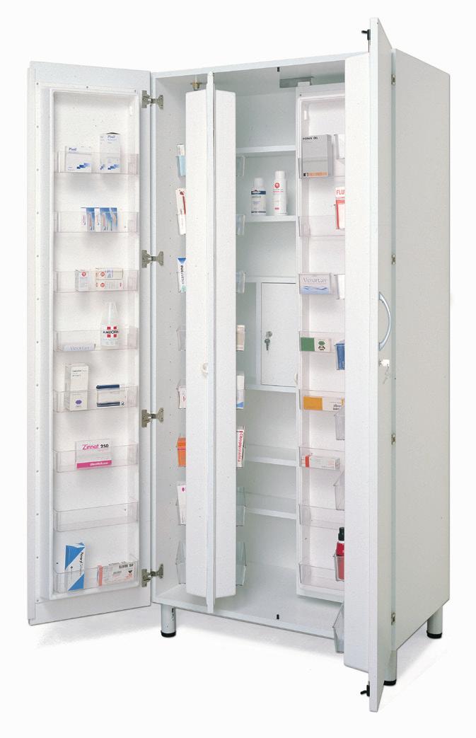 Pharmacy cabinets Cabinets with compact seamless structure, with anti-scratch finish. ABS rimmed doors, antitrauma handles, 270 opening with 4 hinges on each door, lock.