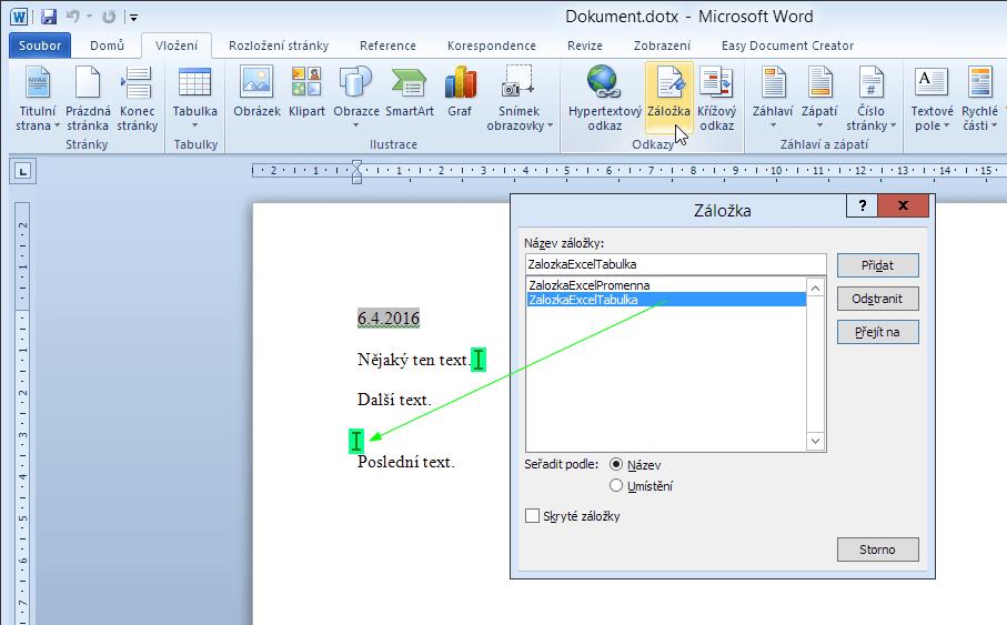 Microsoft Word práce se záložkami Pozn.