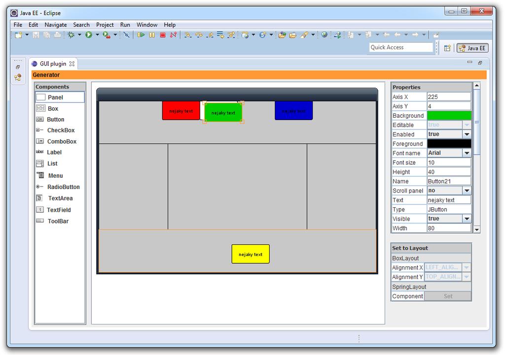 Obrázek A.8: Přesun komponent - prohození dvou komponent A.3.4 Správce panelů Správce panelů umožňuje vkládat, editovat a mazat JPanely ve vznikajícím návrhu nového okna.