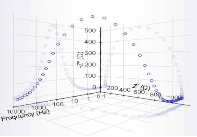 This is the more complete way of presenting the data. Fig. 3: A typical Nyquist plot Fig.4: A typical Bode plot A third data presentation mode involving a 3D plot, is available.
