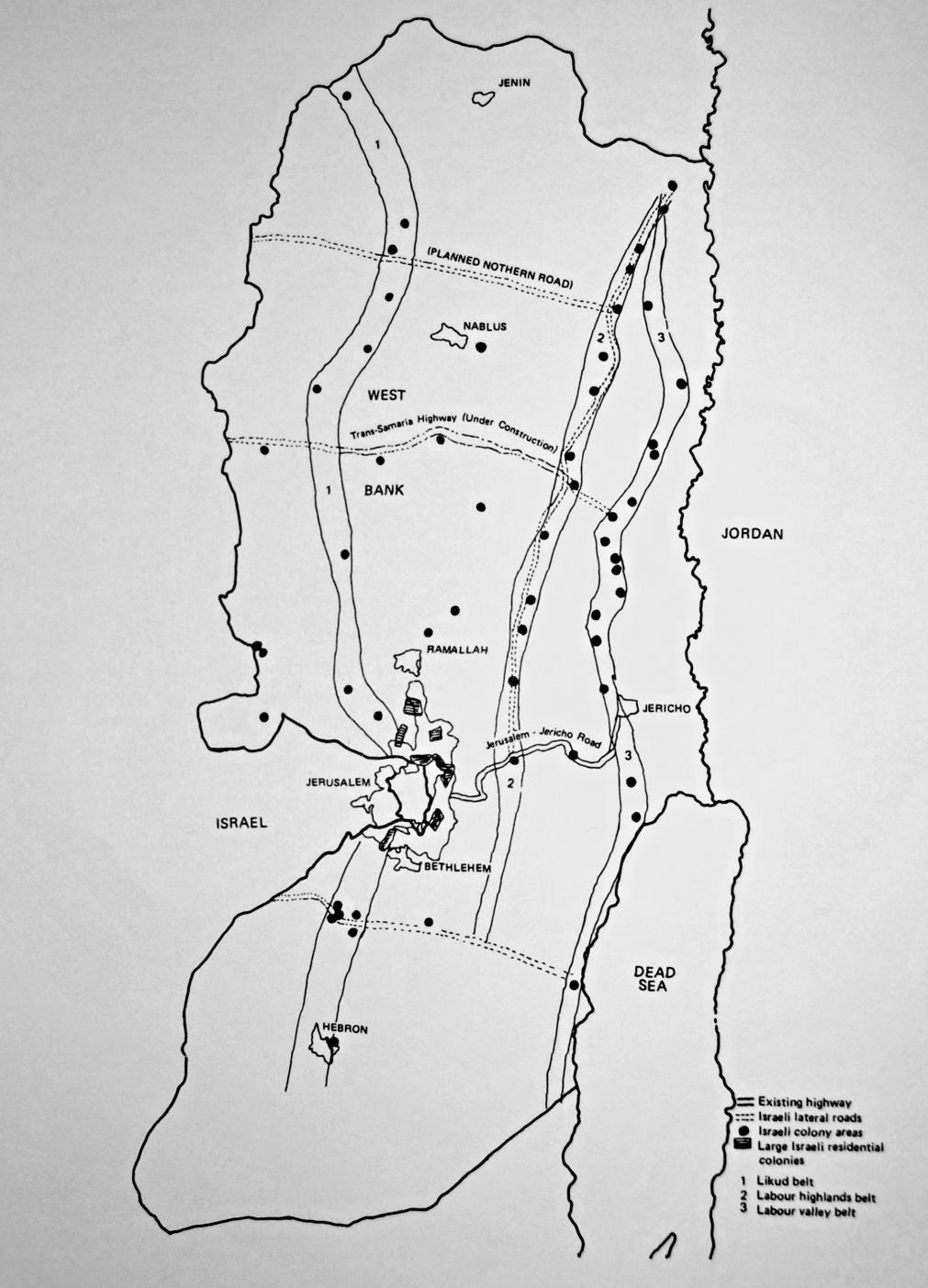 70 Příloha č. 3: Mapa osadnických bloků dle: llonova plánu (pás č. 3), Labouristů (pás č. 2) a Likudu (pás č. 1) Zdroj: MATAR, I.