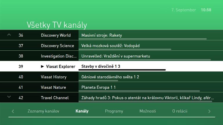 5 Živé vysielanie 12 5.1 Kurzorové tlačidlo (šípka) vpravo. (dostupné funkcie) Kanály Do položky Kanály sa dostanete stlačením tlačidla šípky vpravo v živom vysielaní.