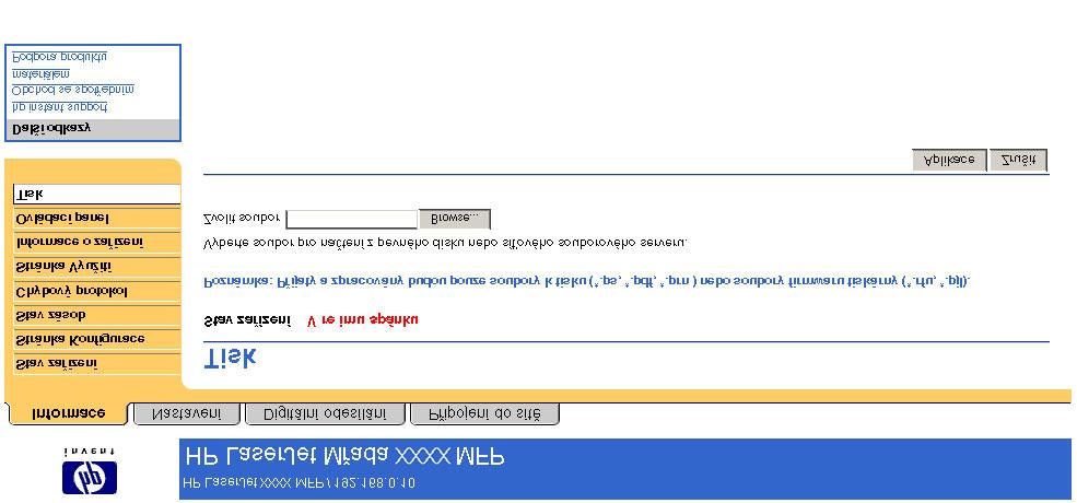 Tisk Poznámka Obrazovka Tisk (a nabídka Tisk nalevo) je k dispozici pouze v případě, že byla konfigurována tak, aby se zobrazila na obrazovce Zabezpečení na kartě Nastavení.