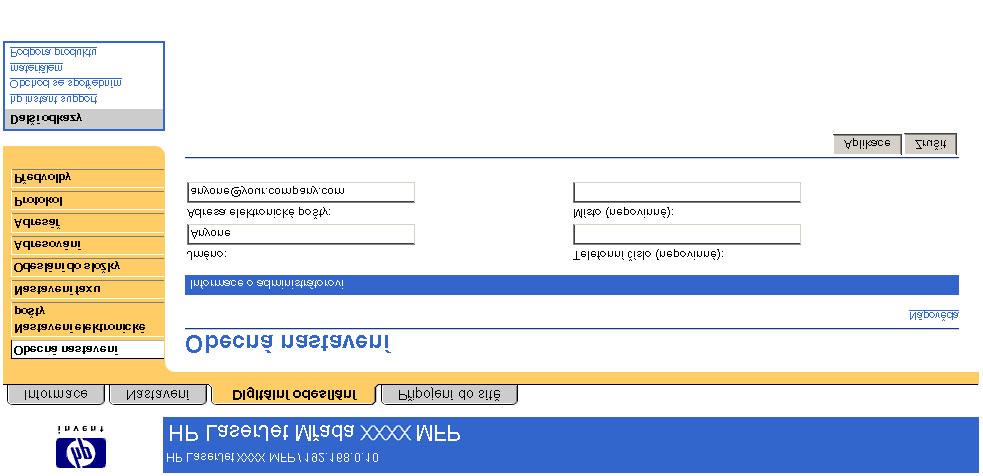 Obecná nastavení Obrazovka Obecná nastavení slouží k nastavení informací o správci digitálního odesílání. Následující obrázek a tabulka popisují použití této obrazovky.