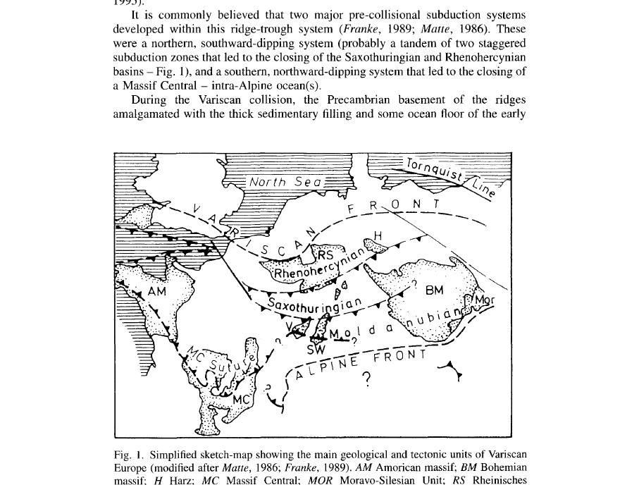 Obr.. Mapa základních jednotek evropských Variscid (Finger et al. 199).