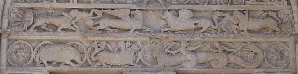 rozepjatými křídly. Člověk, či snad lidská duše, má nohu kolem krku psa, zároveň se však gryfa drží za zadní nohu a konec ocasu. Gryf se po něm se zlostnou grimasou ohlíží a smyčkou ocasu jej škrtí.