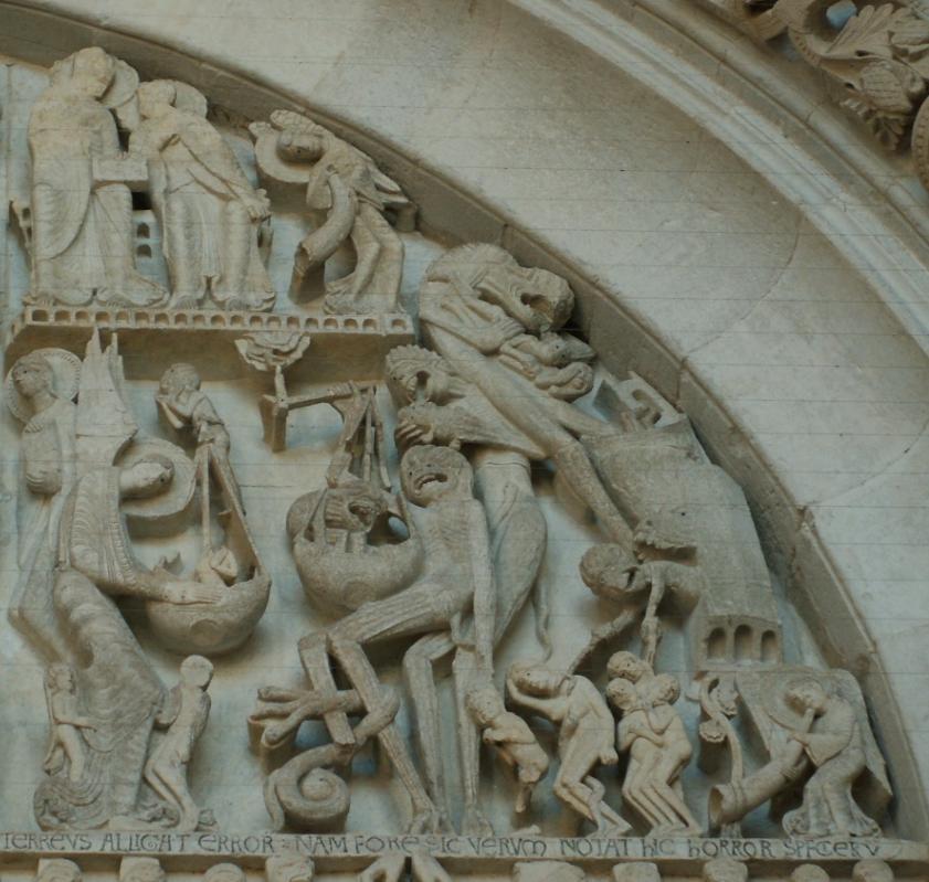 přitom chytá váhy přímo za jejich rameno, démon v misce vah jako by poskakoval ve snaze ji zatížit. Marná snaha, od vah na straně archanděla již duše v podobě malého člověka stoupá do nebes.