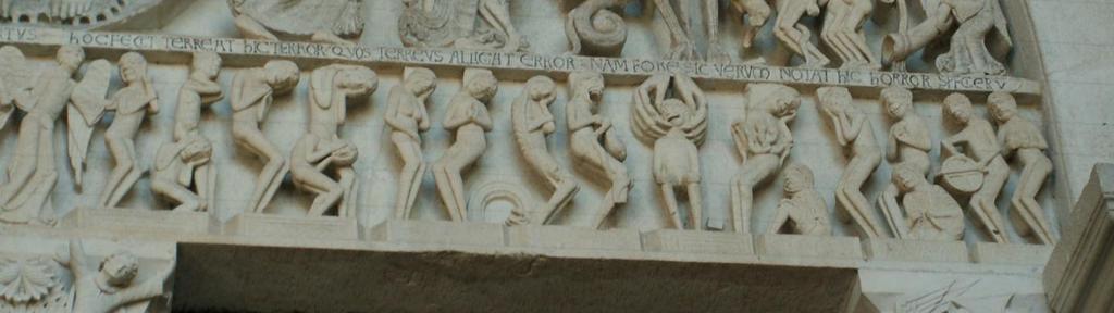 pohledu působí jen jako jednolitý stupeň, dekorativní pás, na kterém figury stojí. Obr. 54 Autun, kostel sv. Lazara, překlad portálu, vzkříšené duše zatracených, 2. čtvrtina 12.