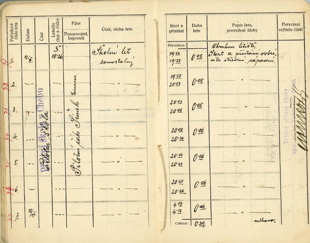 Obrázek 7 (letový zápisník) Dochované zápisníky letů Eduarda Šimka dokládají mnohdy stručné, ale vždy ucelené svědectví o jeho letecké službě.