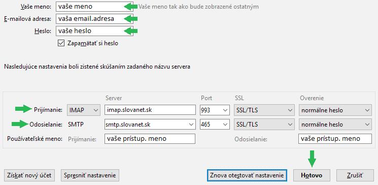 Protokol IMAP 4 Po vyplnení údajov kliknite na Pokračovať. Po krátkom overení sa vám zobrazia možnosti nastavenia.