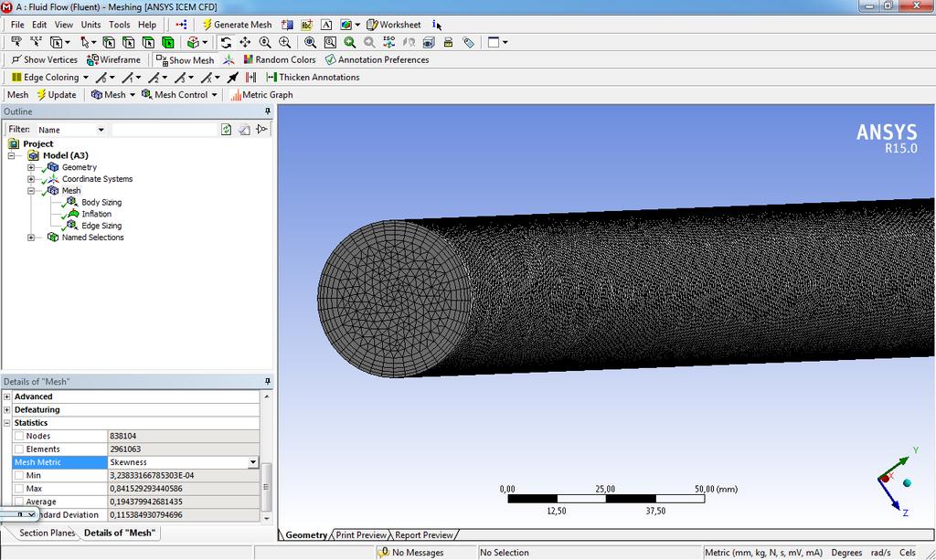 Výsledná hodnota by neměla přesáhnout hodnotu 0.94, jinak se musí buňka nebo schéma sítě upravit. [8] V prostředí Ansys Meshing lze v položce statistics zkontrolovat kvalitu sítě příkazem Mesh Metric.