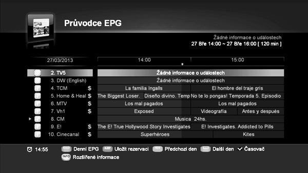 *Pokud se tato předvolba kryje s předchozí předvolbou, systém vás upozorní a předvolba nebude uložena. 6.5. PRŮVODCE PROGRAMY Informace o zvoleném pořadu zobrazíte tlačítkem.