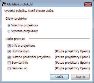 Ukládání souborů protokolu projektoru 28 Můžete ukládt vybrné informce, jko npříkld historii používání projektoru historii chyb, do souboru protokolu ve složce podle vlstní volby.