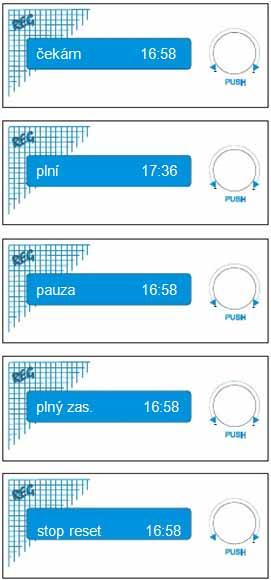 2.3 FUNKCE ZOBRAZOVÁNÍ HLÁŠENÍ ZA PROVOZU Čekám Toho hlášení se objeví na displeji vždy, pokud je timer mimo časové okno a je připraven zahájit plnění zásobníku.